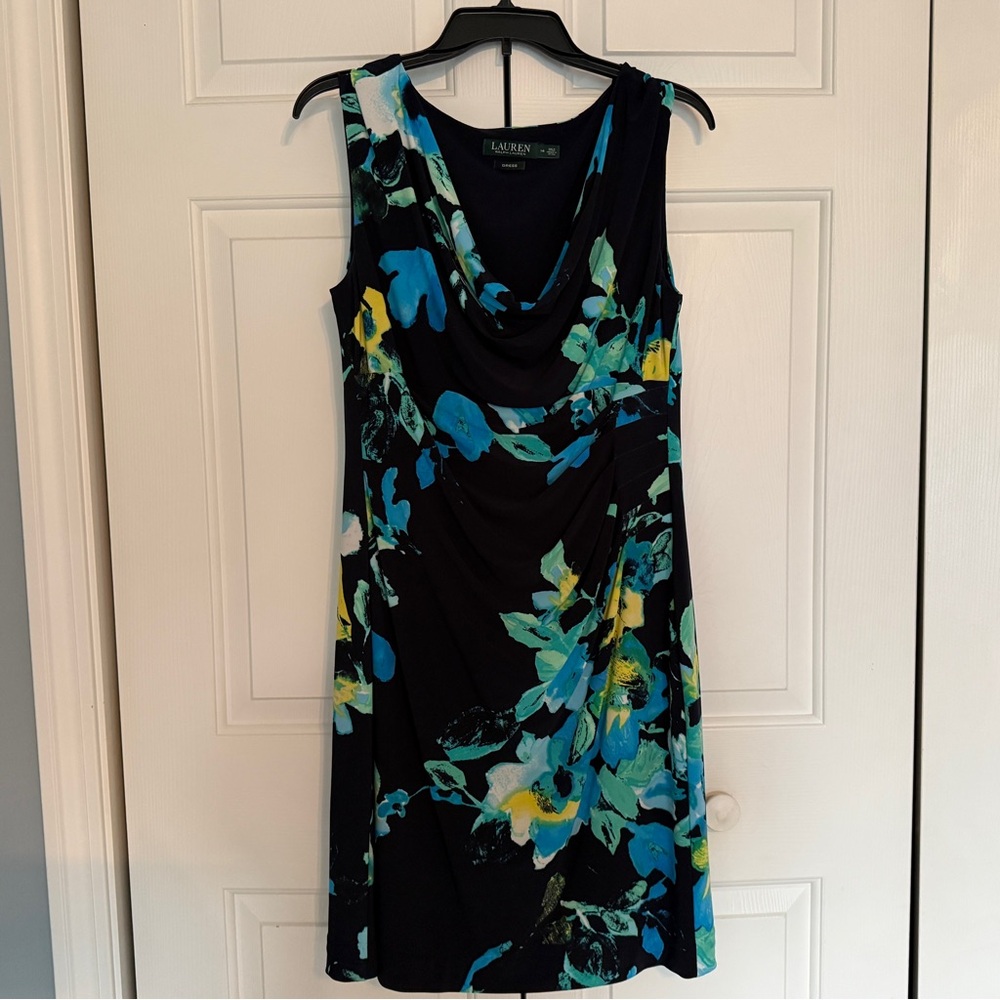 Lauren Ralph Lauren Floral Jersey Dress – Cap Sleeve Cowl Neck, Size 14